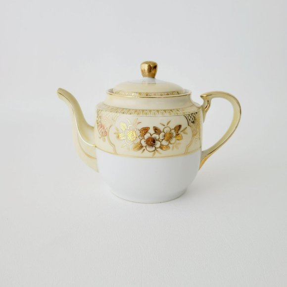Chikaramachi Vintage Embossed & Hand-Painted Gold & Cream Floral Teapot, Japan - Picture 1 of 15